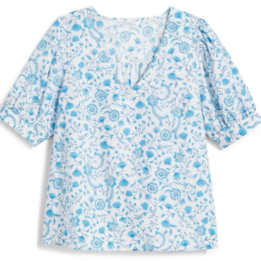 Draper James White Blue Floral Puff Sleeve‎ Peasant Top